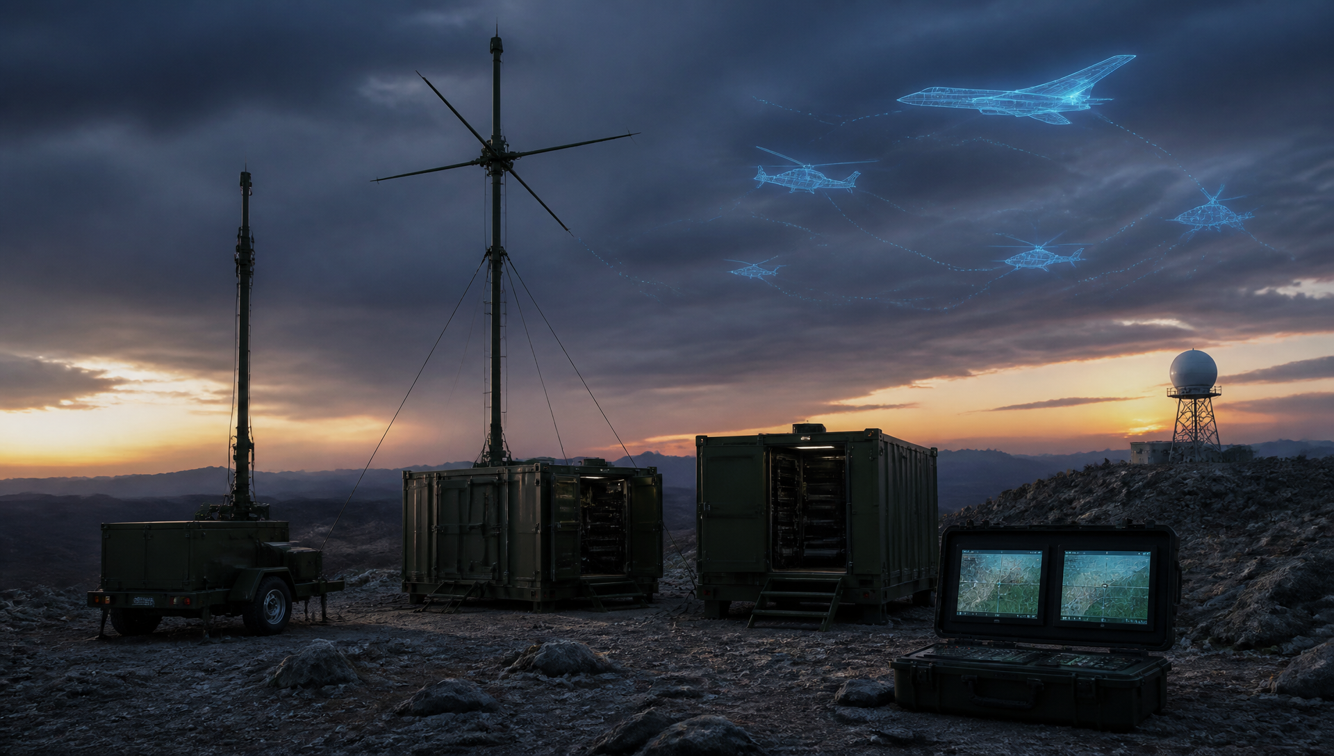 Ground-based decoy and ghosting system deployed at dusk with antenna mast, shelters and holographic ghost aircraft tracks