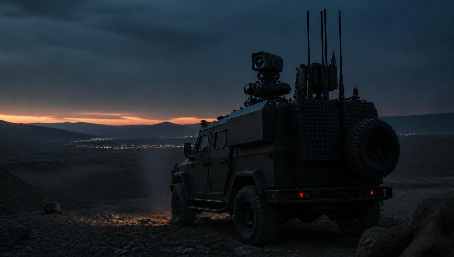 Counter-drone patrol vehicle with RF antenna array on a border ridge at dusk