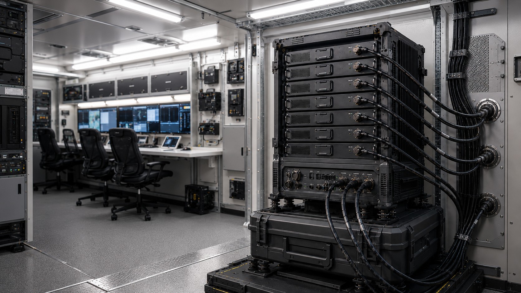 A rack of RF jamming equipment in a control room setting